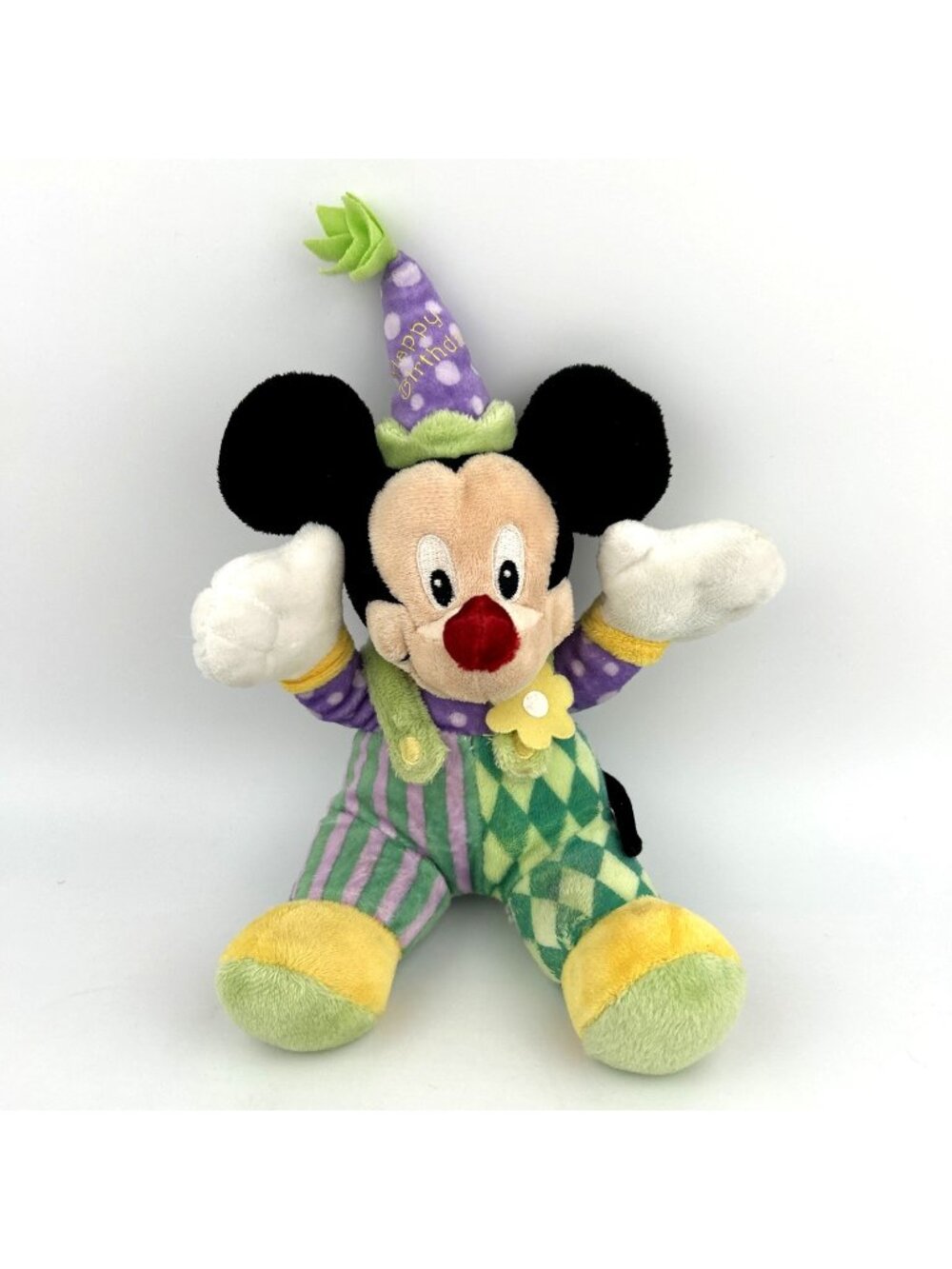 Disney Store Happy Birthday Mickey Mouse Clown 10" Plush Overalls Party Rare